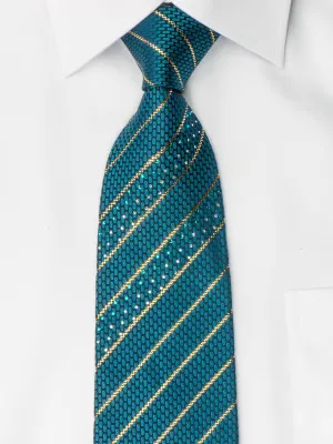 Perry Ellis Men's Woven Silk Rhinestone Tie Metallic Golden Stripes On Turquoise Necktie