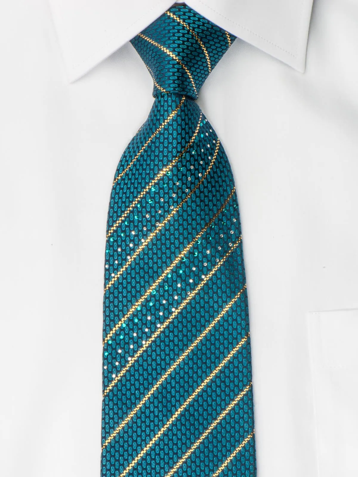 Perry Ellis Men's Woven Silk Rhinestone Tie Metallic Golden Stripes On Turquoise Necktie