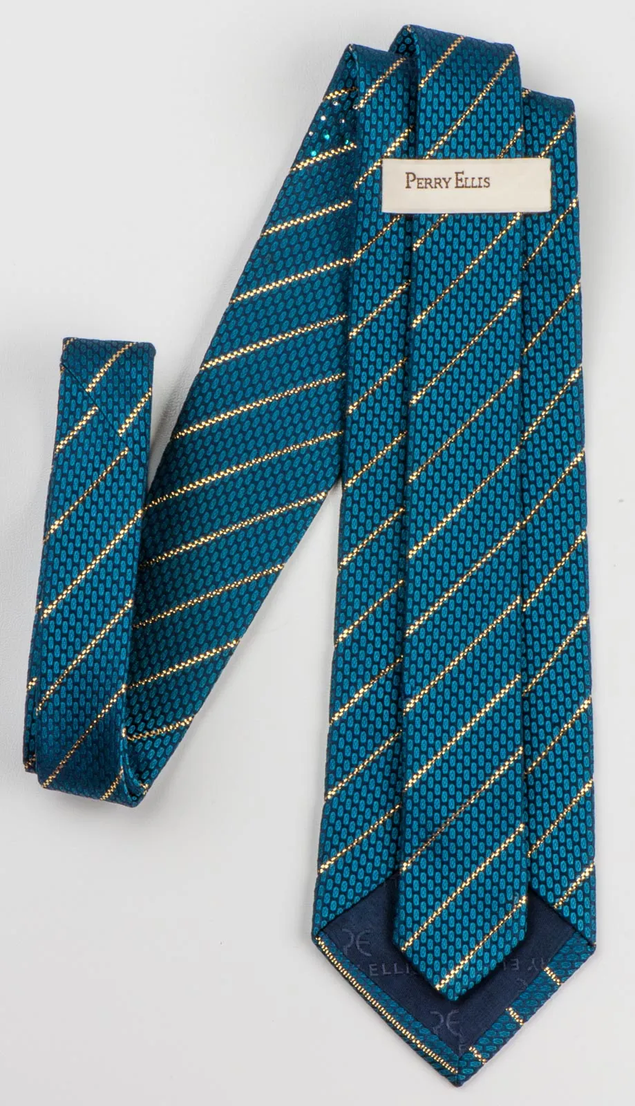 Perry Ellis Men's Woven Silk Rhinestone Tie Metallic Golden Stripes On Turquoise Necktie