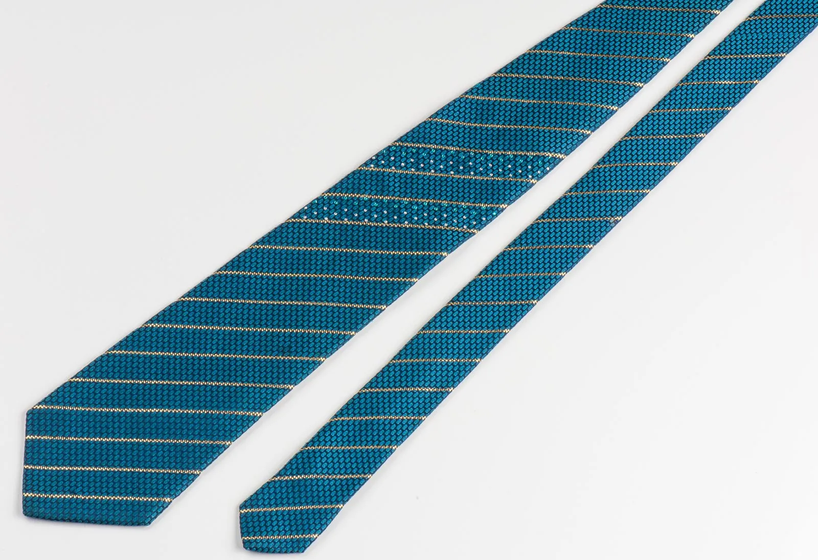Perry Ellis Men's Woven Silk Rhinestone Tie Metallic Golden Stripes On Turquoise Necktie