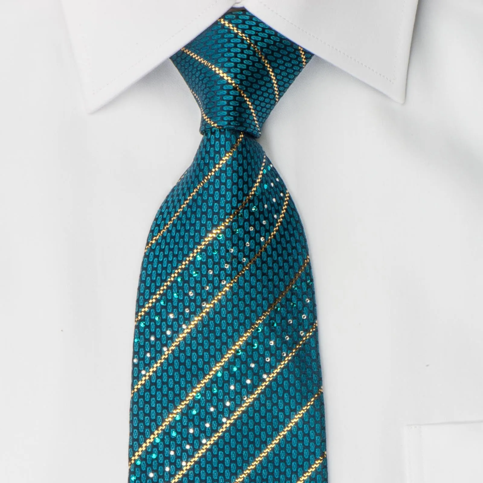 Perry Ellis Men's Woven Silk Rhinestone Tie Metallic Golden Stripes On Turquoise Necktie