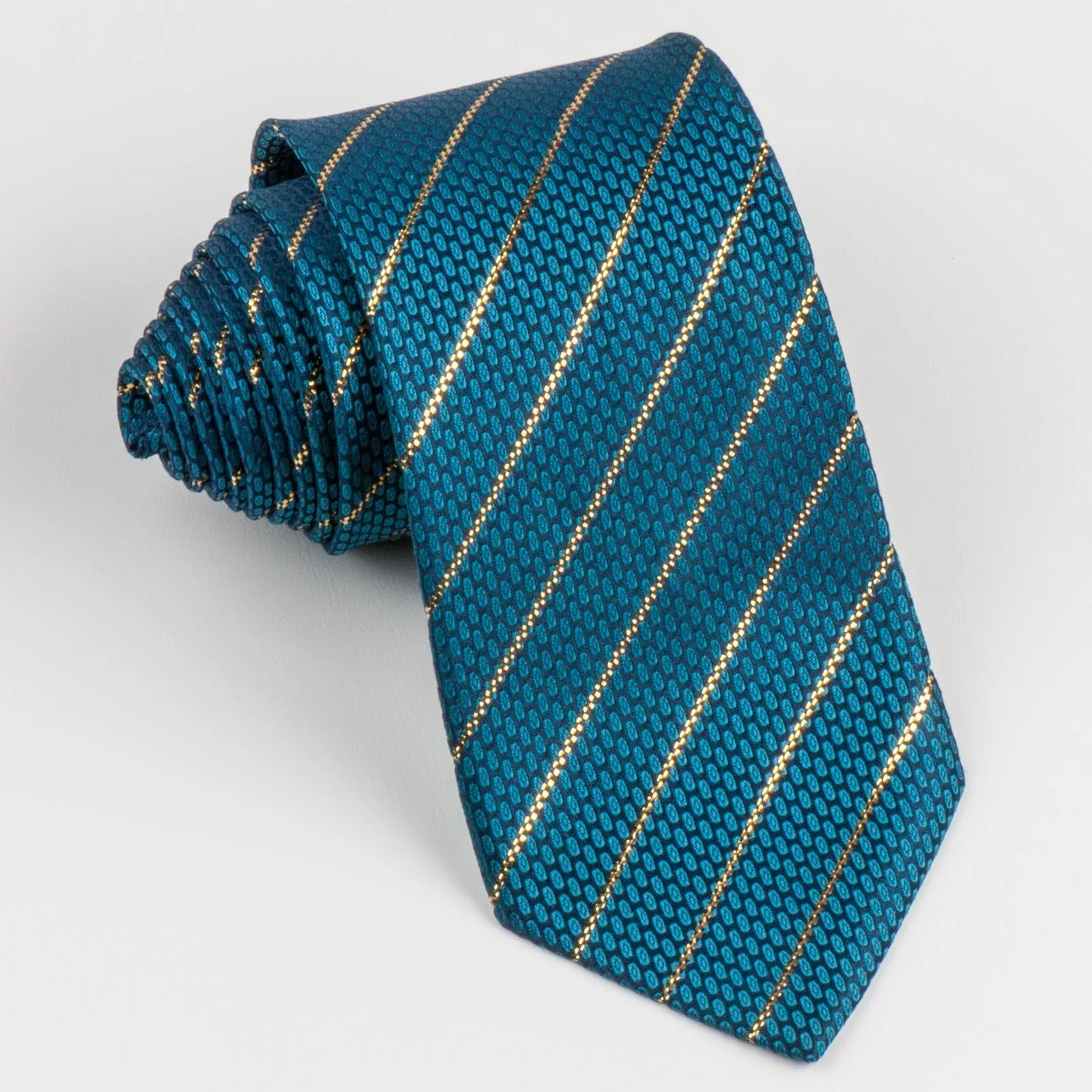 Perry Ellis Men's Woven Silk Rhinestone Tie Metallic Golden Stripes On Turquoise Necktie