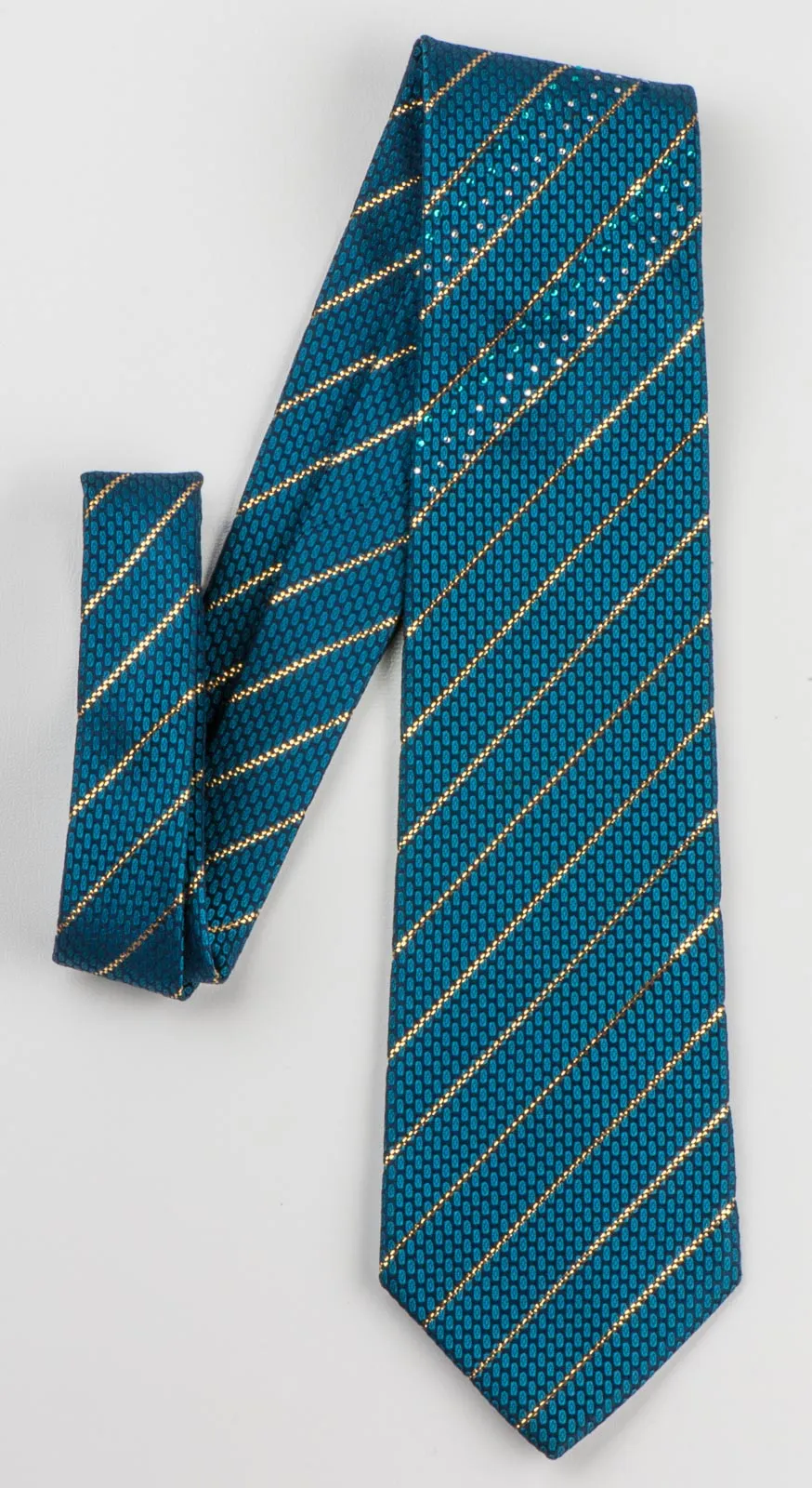 Perry Ellis Men's Woven Silk Rhinestone Tie Metallic Golden Stripes On Turquoise Necktie