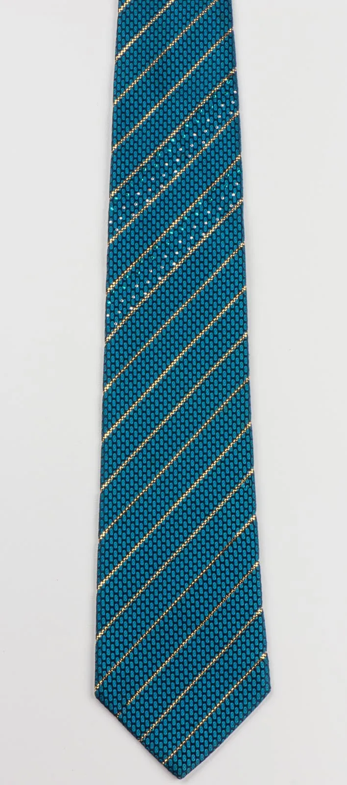 Perry Ellis Men's Woven Silk Rhinestone Tie Metallic Golden Stripes On Turquoise Necktie