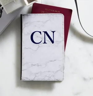 Personalised Passport Holder | White Marble with Navy Initials