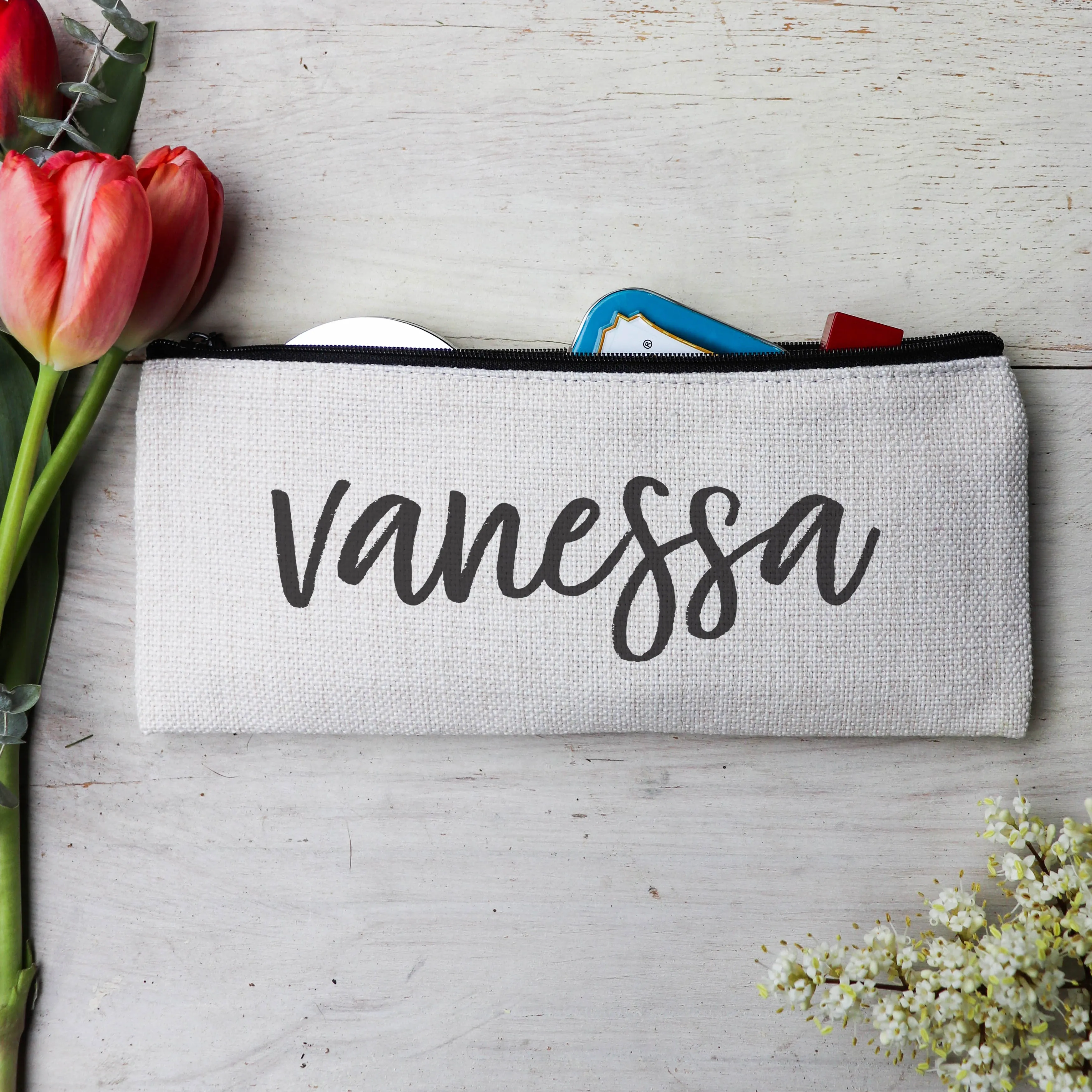 Personalized Makeup Bag, Custom Coin Purse, Linen Zipper Bag "Vanessa"