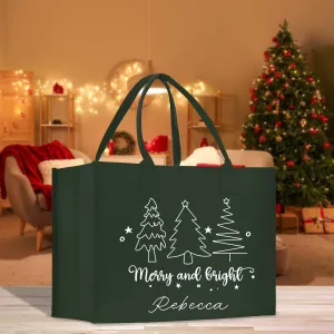 Personalized Name Christmas Cotton Canvas Large Tote Bag Custom Merry Christmas Gift Bag Xmas Party Bag Xmas Eve Gift Holiday Gift (CT1018)