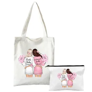 Personalized Shoulder Bag & Makeup Bag Set 2 Pcs Custom Name Bridesmaid Bags Bachelorette Party Bag Bridal Shower Gifts for Her