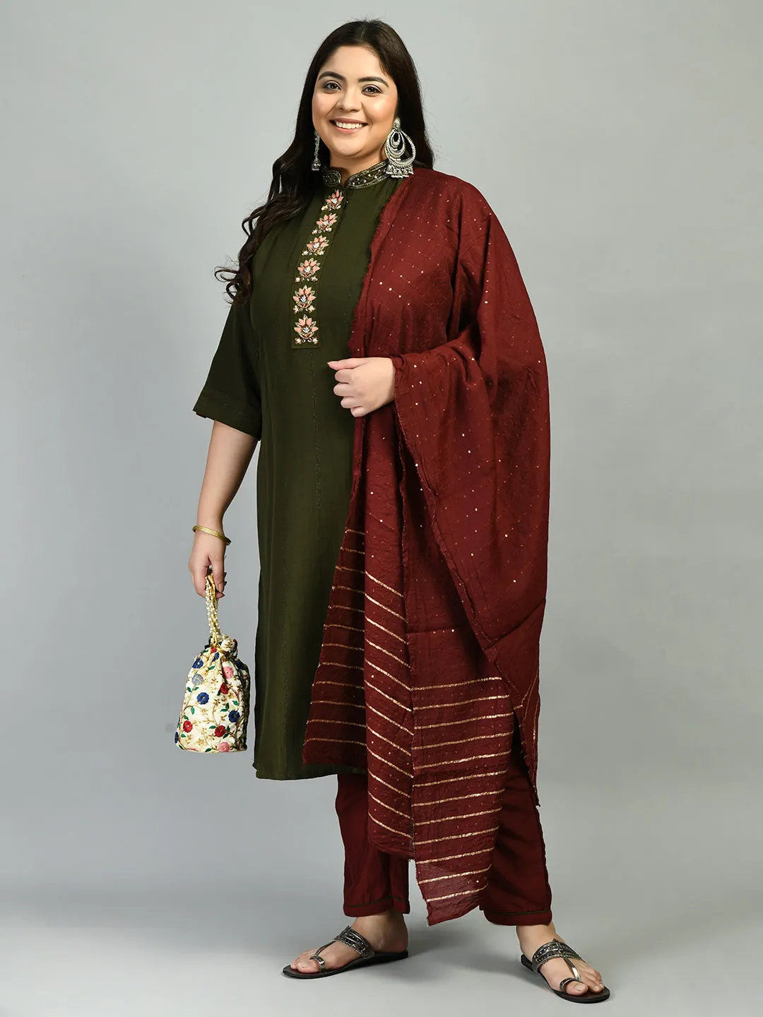 Plus Size Dazzling Mehndi Mandarin Collar Kurta Set