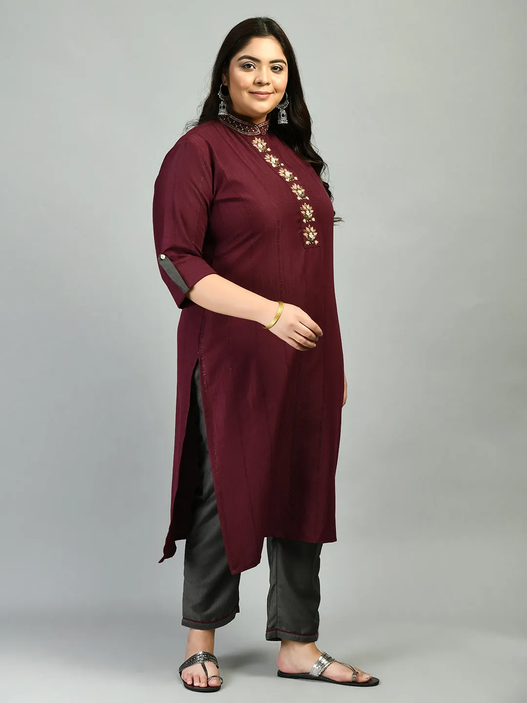 Plus Size Dazzling Mehndi Mandarin Collar Kurta Set
