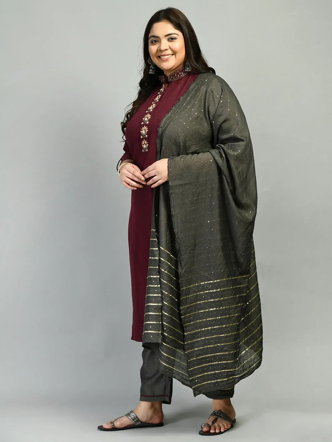 Plus Size Dazzling Mehndi Mandarin Collar Kurta Set