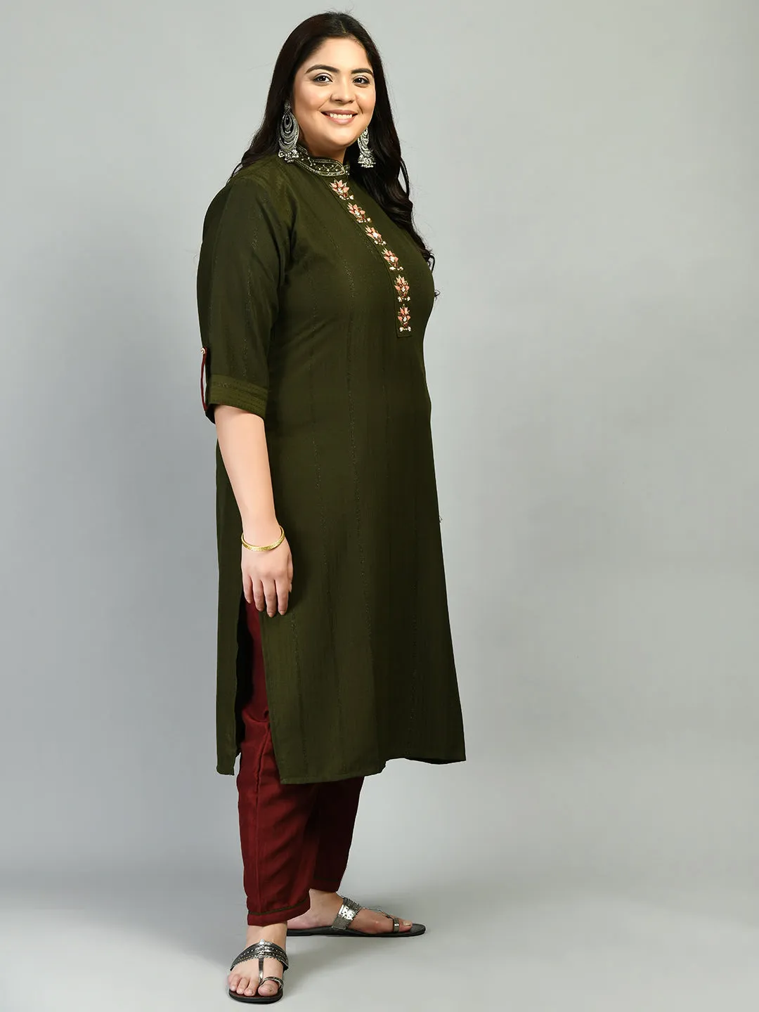 Plus Size Dazzling Mehndi Mandarin Collar Kurta Set