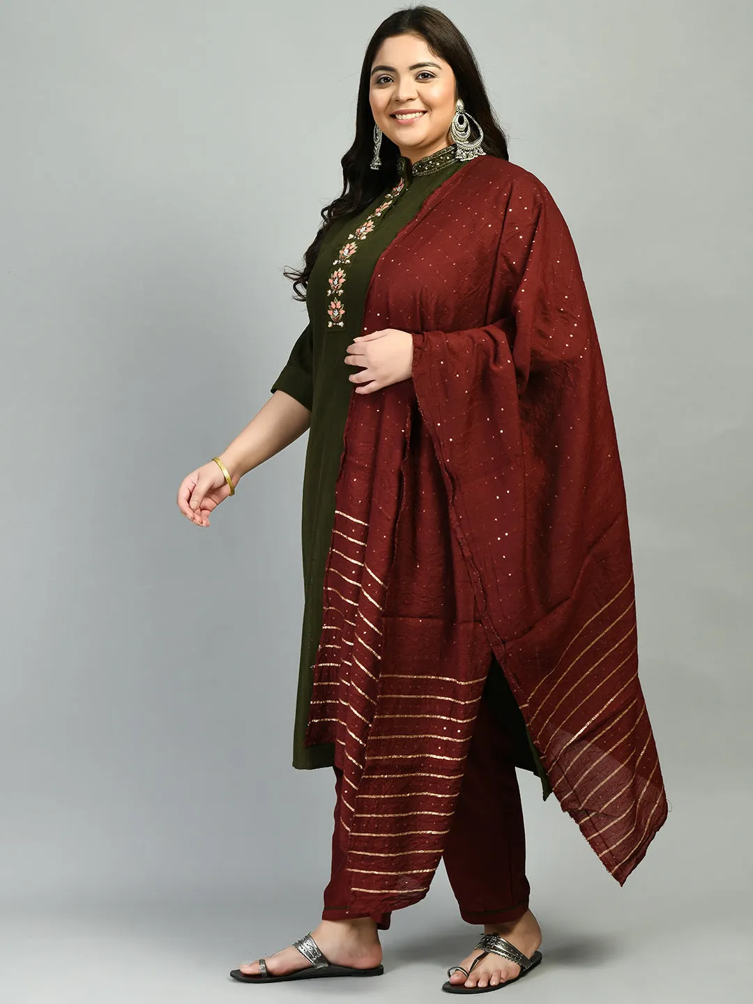 Plus Size Dazzling Mehndi Mandarin Collar Kurta Set