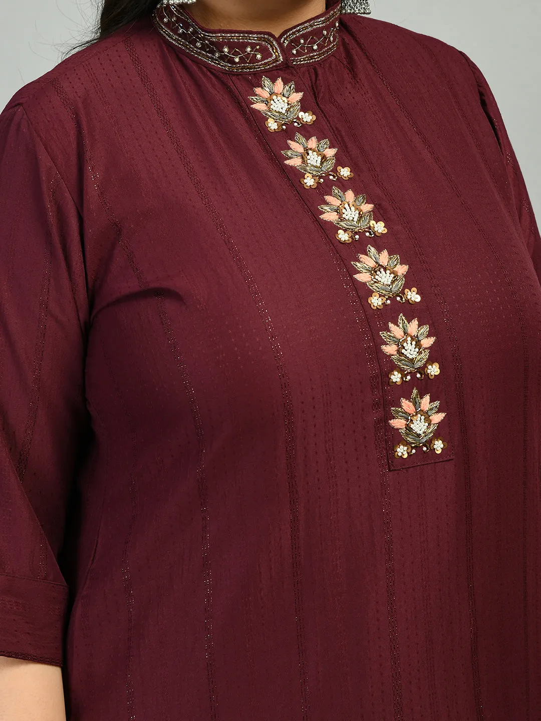 Plus Size Dazzling Mehndi Mandarin Collar Kurta Set