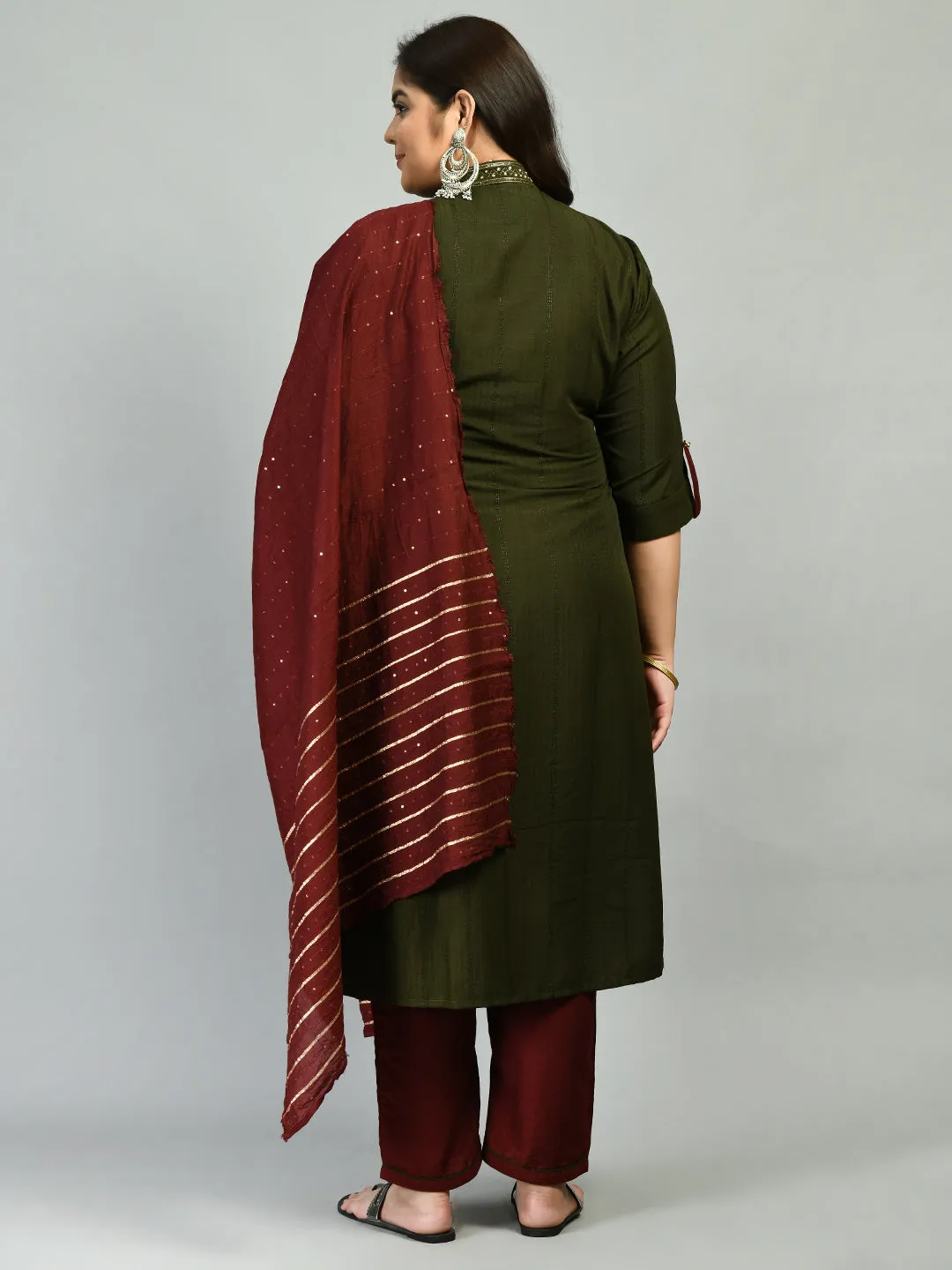 Plus Size Dazzling Mehndi Mandarin Collar Kurta Set