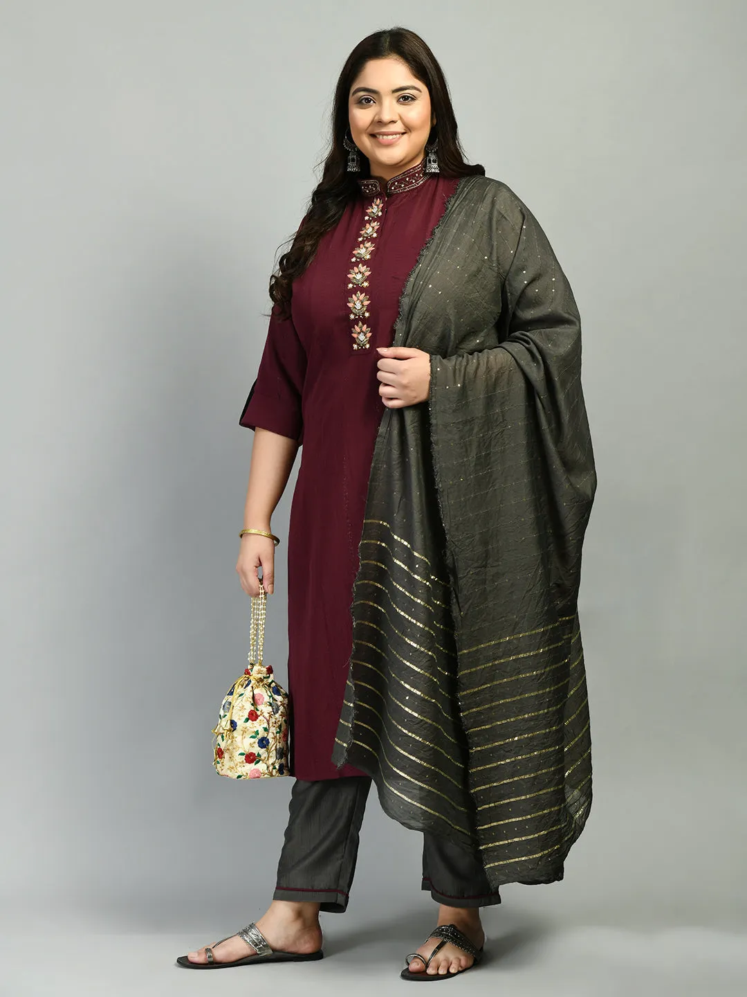 Plus Size Dazzling Mehndi Mandarin Collar Kurta Set