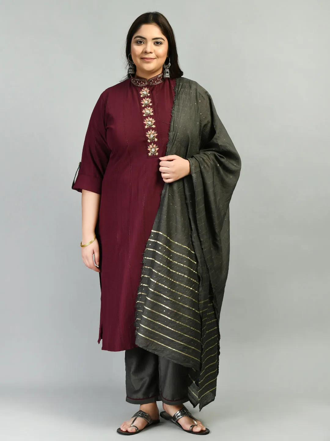 Plus Size Dazzling Mehndi Mandarin Collar Kurta Set