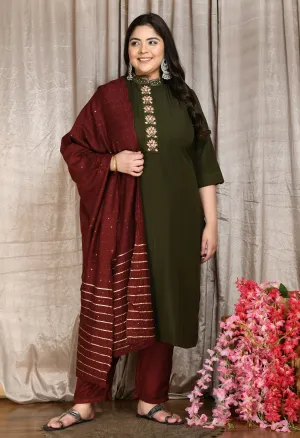 Plus Size Dazzling Mehndi Mandarin Collar Kurta Set