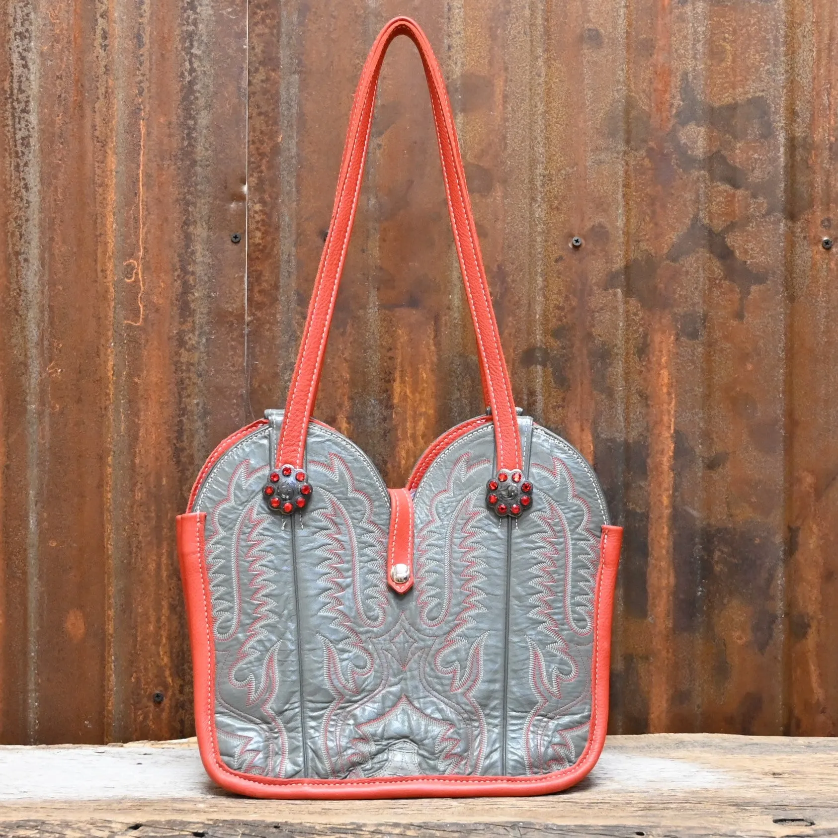 Purse- Cowboy Boot Top w/ buckles- red and gray