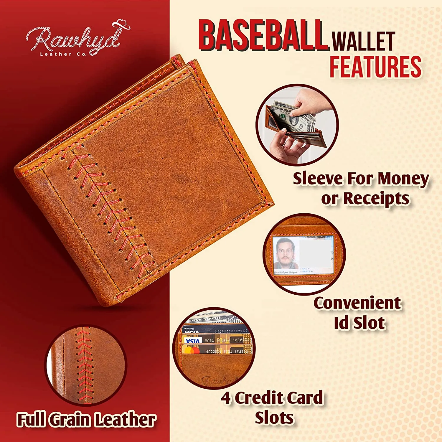 RAWHYD - Baseball Stitch Bi-fold Leather Wallet - 3 4/8" x 4 5/8"