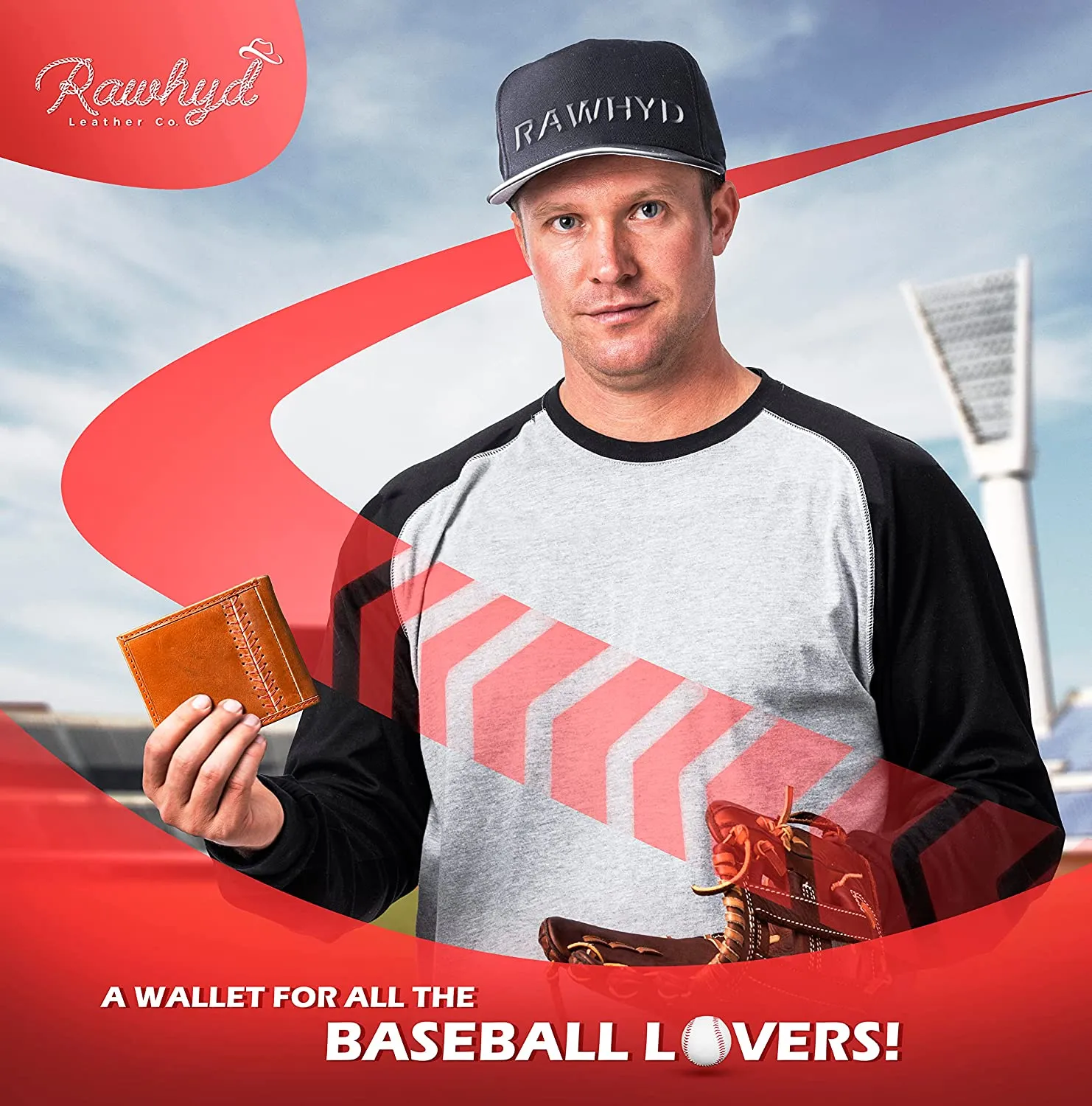 RAWHYD - Baseball Stitch Bi-fold Leather Wallet - 3 4/8" x 4 5/8"