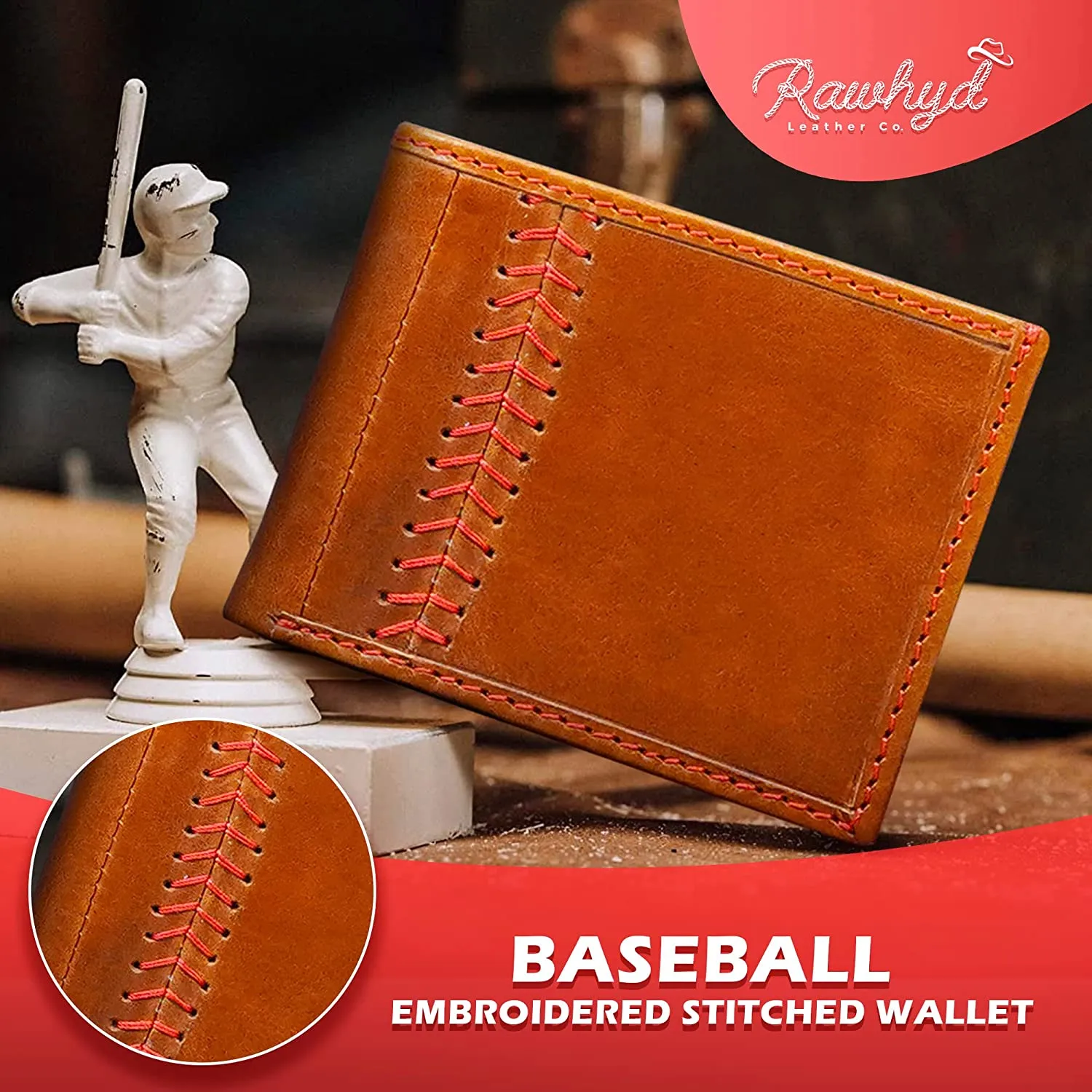 RAWHYD - Baseball Stitch Bi-fold Leather Wallet - 3 4/8" x 4 5/8"