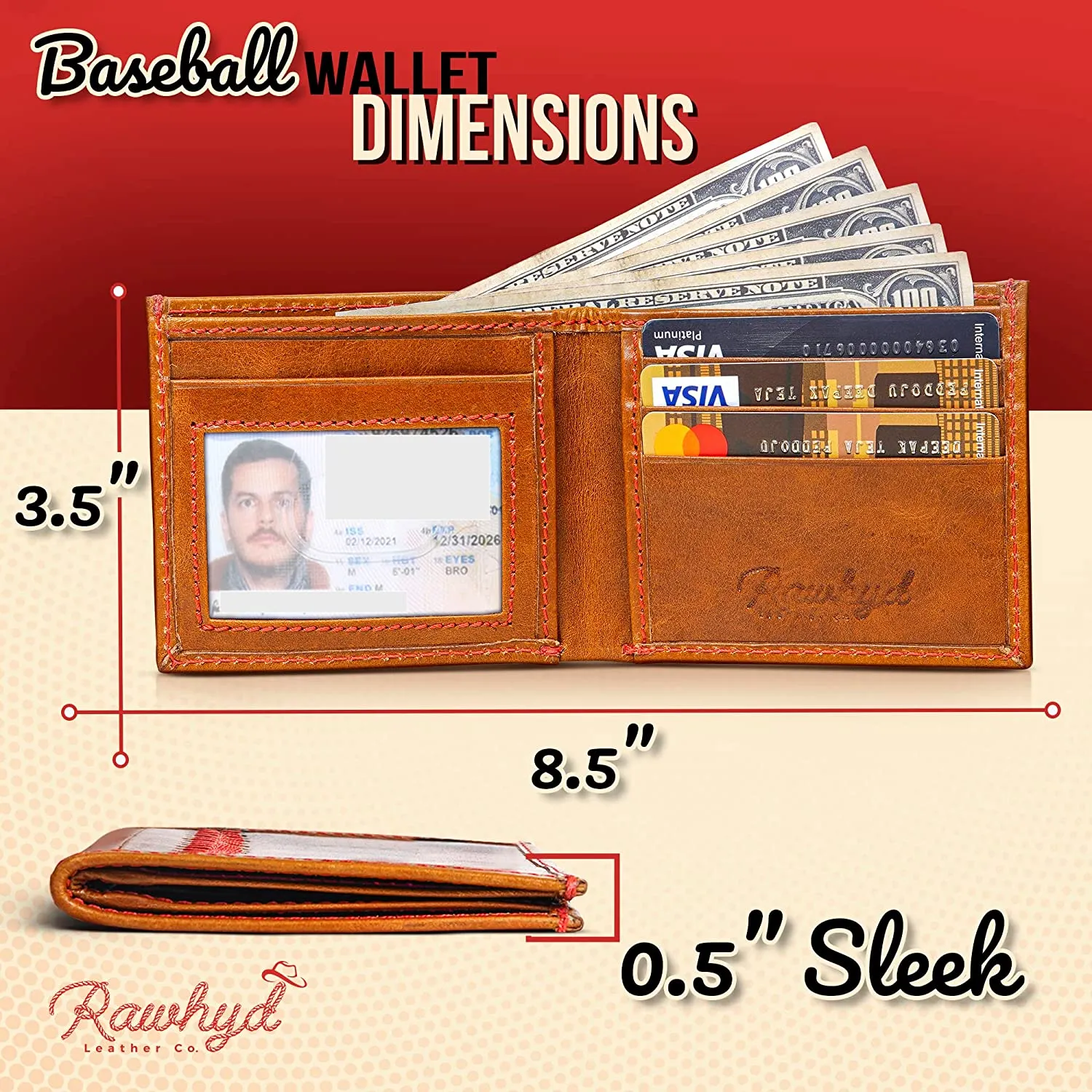 RAWHYD - Baseball Stitch Bi-fold Leather Wallet - 3 4/8" x 4 5/8"