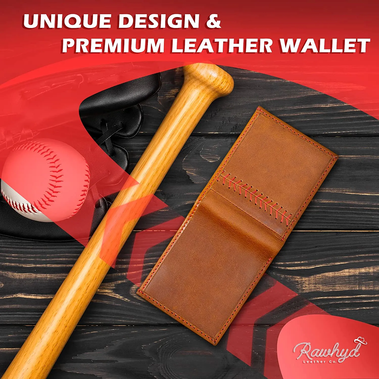 RAWHYD - Baseball Stitch Bi-fold Leather Wallet - 3 4/8" x 4 5/8"