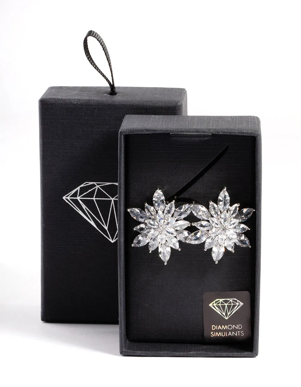 Rhodium Diamond Simulant Large Flower Stud Earrings