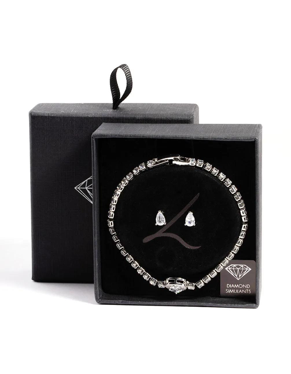 Rhodium Diamond Simulant Oval Stone & Bracelet Set