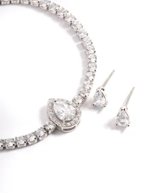 Rhodium Diamond Simulant Oval Stone & Bracelet Set