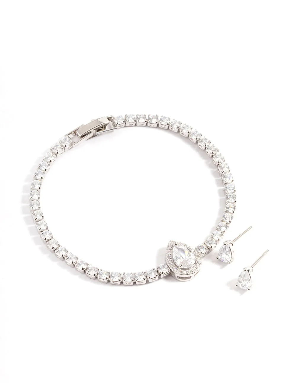 Rhodium Diamond Simulant Oval Stone & Bracelet Set