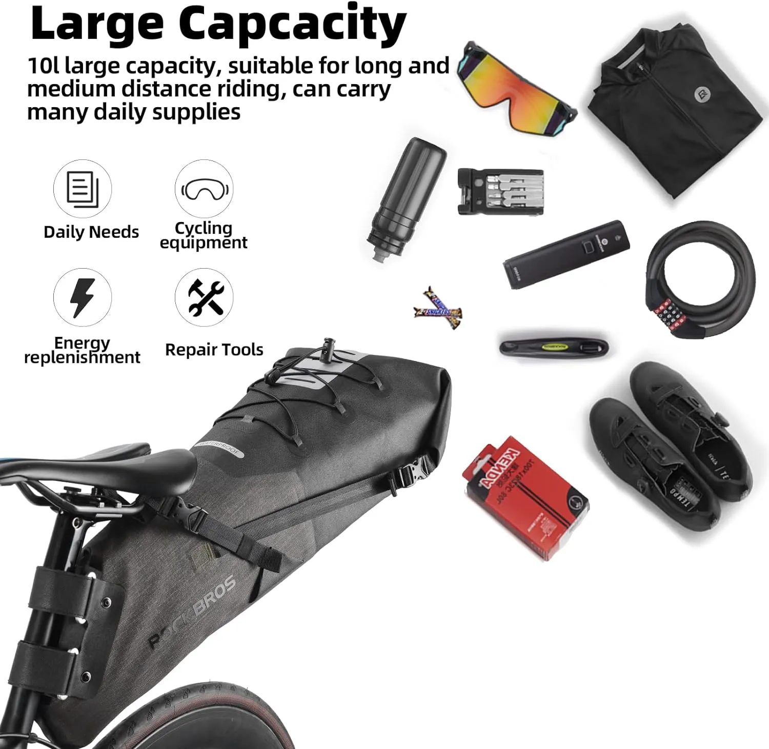 ROCKBROS Waterproof Bikepacking Saddle Bag 14L Adjustable Capacity Easy Install