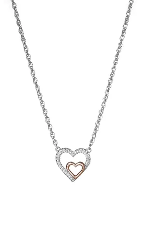 Rose Gold Plate and Sterling Silver Diamond Double Heart Pendant Necklace