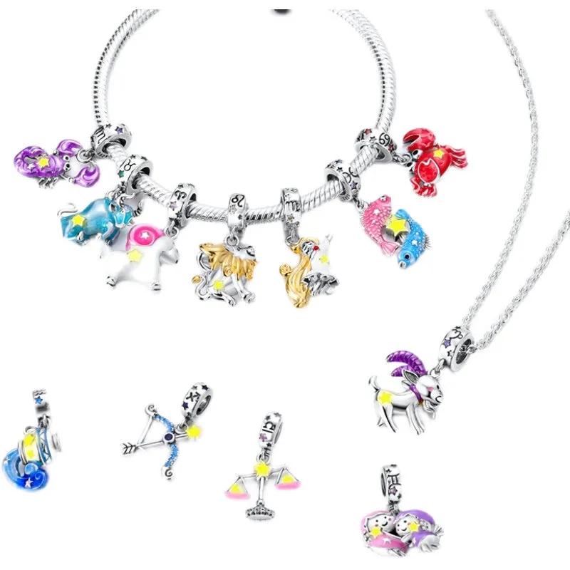 S925 Silver Zodiac Signs Luminous Charms Grow in the Dark For Bracelet and Necklace