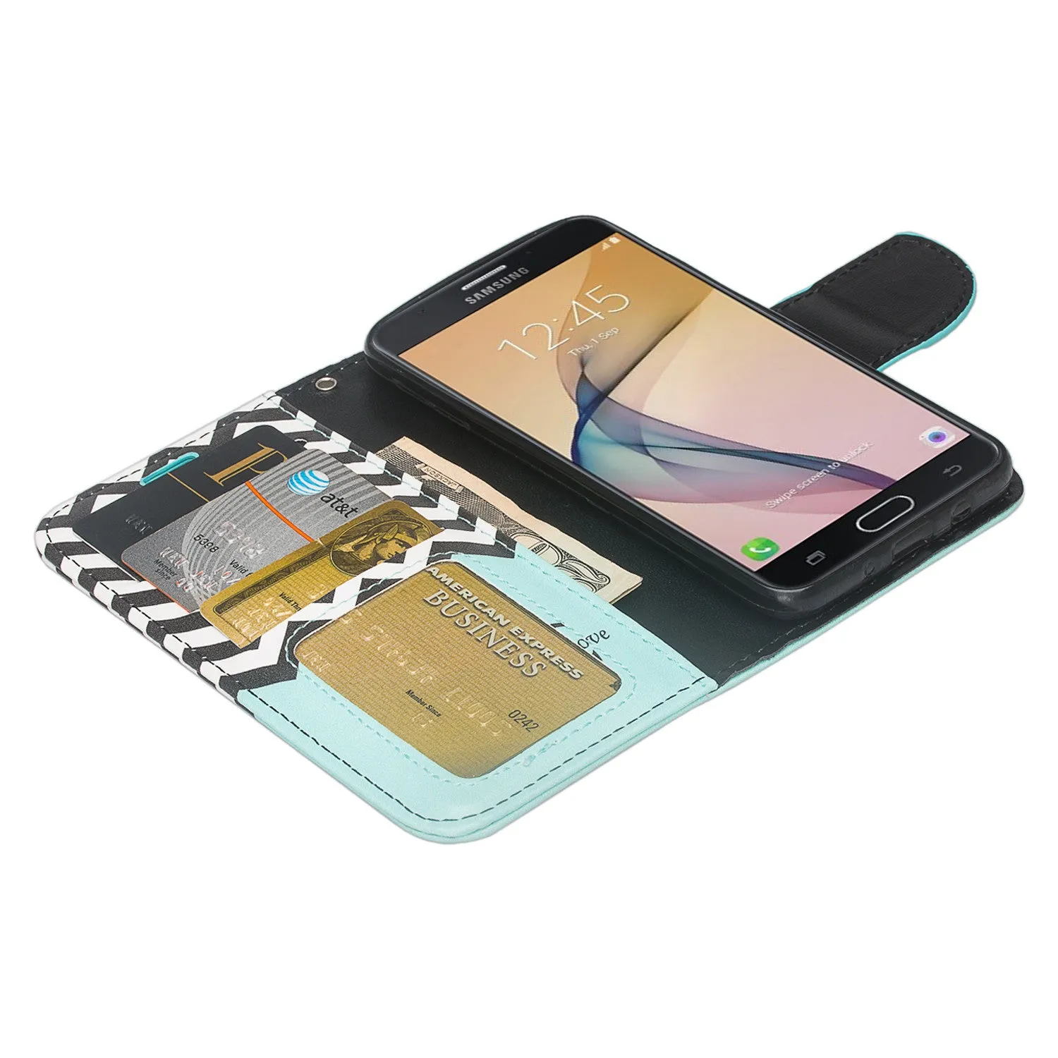 Samsung  Galaxy J5 Prime Case, Wrist Strap Magnetic Fold[Kickstand] Pu Leather Wallet Case with ID & Credit Card Slots for Samsung  Galaxy J5 Prime - Teal Anchor