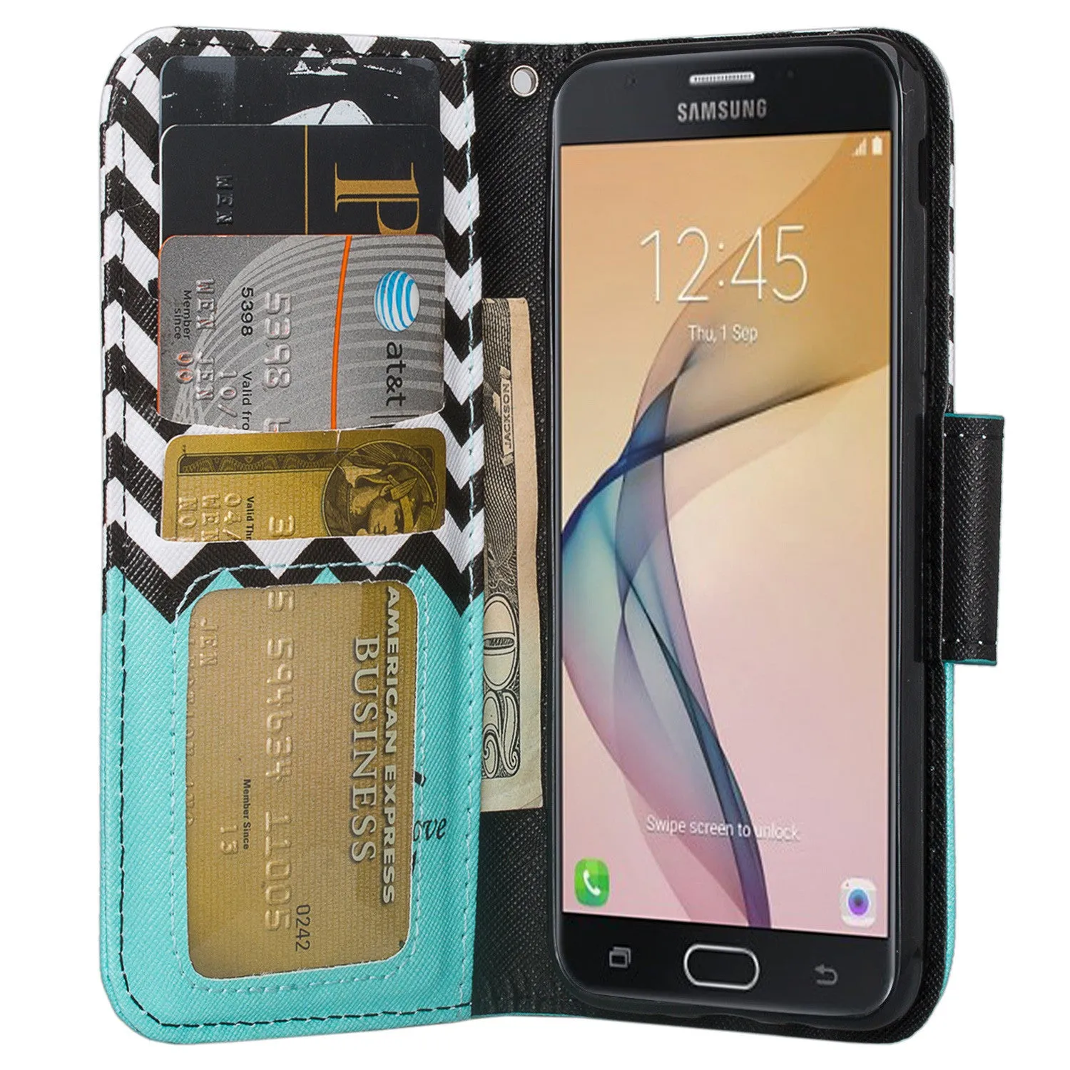 Samsung  Galaxy J5 Prime Case, Wrist Strap Magnetic Fold[Kickstand] Pu Leather Wallet Case with ID & Credit Card Slots for Samsung  Galaxy J5 Prime - Teal Anchor