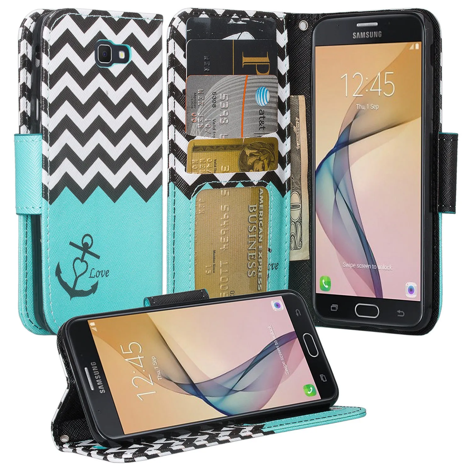 Samsung  Galaxy J5 Prime Case, Wrist Strap Magnetic Fold[Kickstand] Pu Leather Wallet Case with ID & Credit Card Slots for Samsung  Galaxy J5 Prime - Teal Anchor