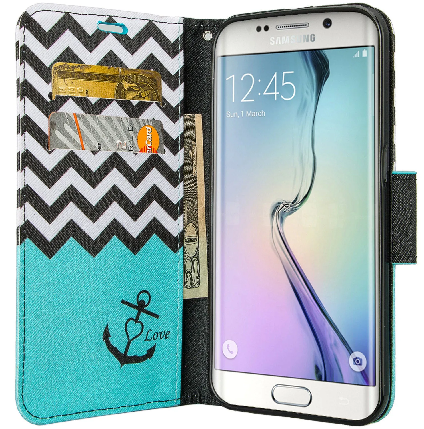 Samsung Galaxy S6 Wallet Case, Wrist Strap Magnetic Fold Folio[Kickstand] Pu Leather with ID & Card Slots for Galaxy S6 - Teal Anchor