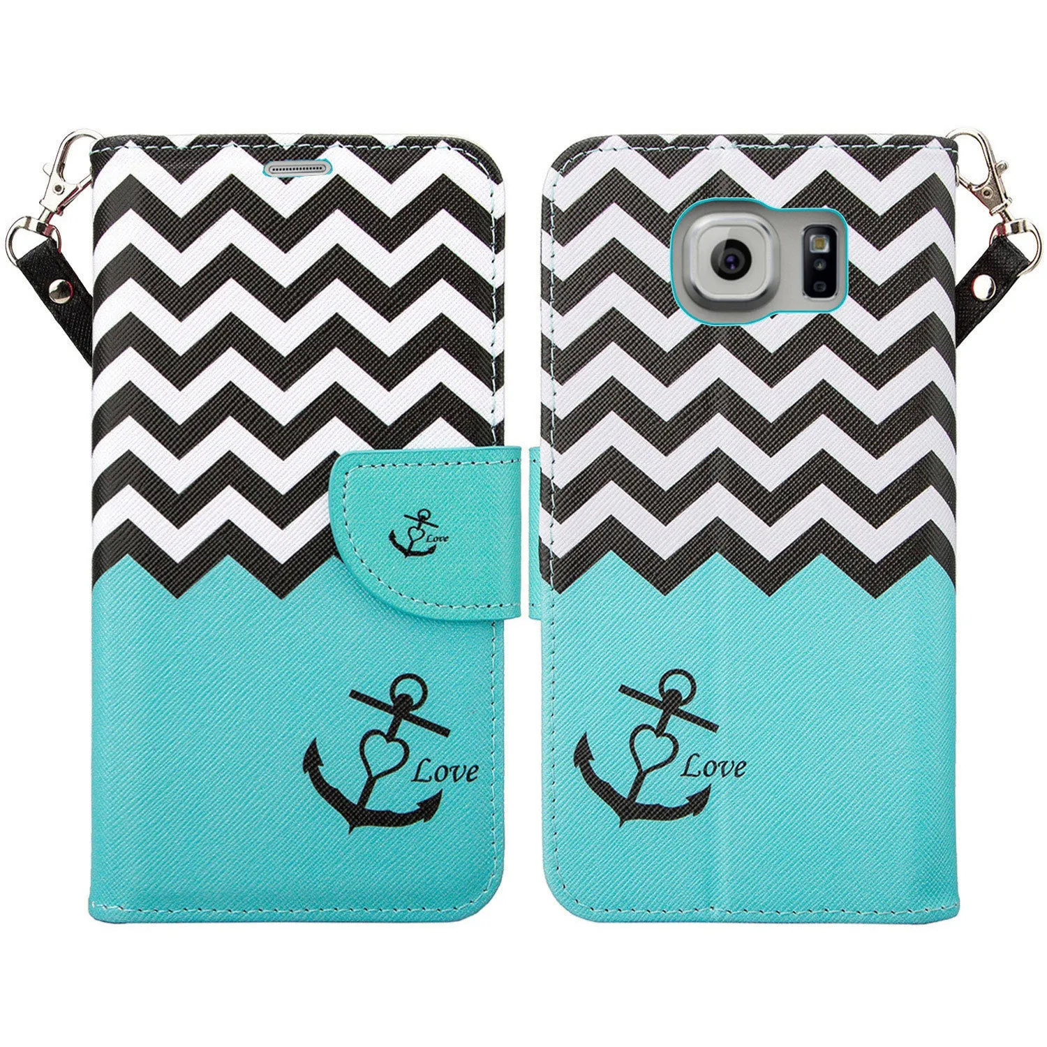 Samsung Galaxy S6 Wallet Case, Wrist Strap Magnetic Fold Folio[Kickstand] Pu Leather with ID & Card Slots for Galaxy S6 - Teal Anchor