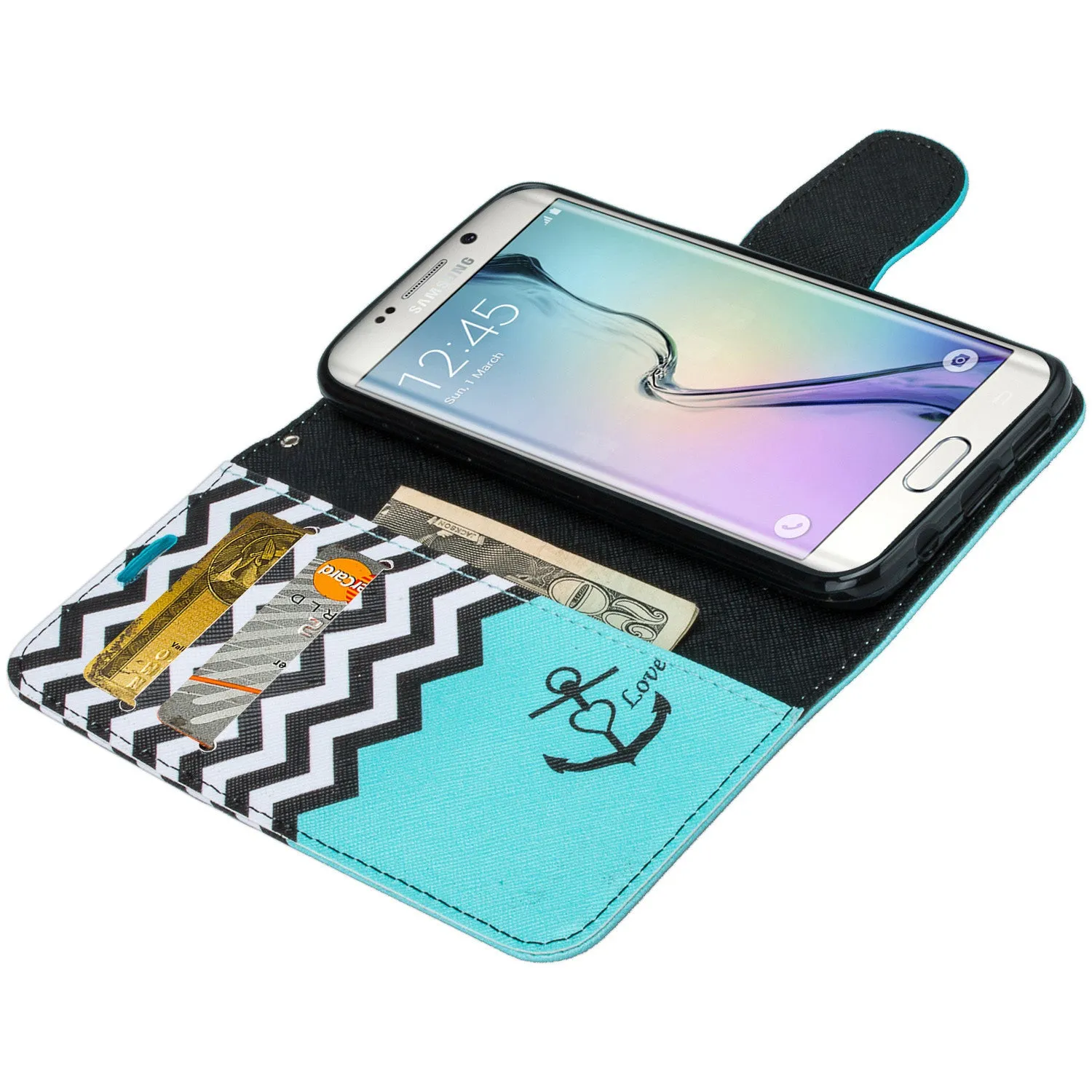 Samsung Galaxy S6 Wallet Case, Wrist Strap Magnetic Fold Folio[Kickstand] Pu Leather with ID & Card Slots for Galaxy S6 - Teal Anchor