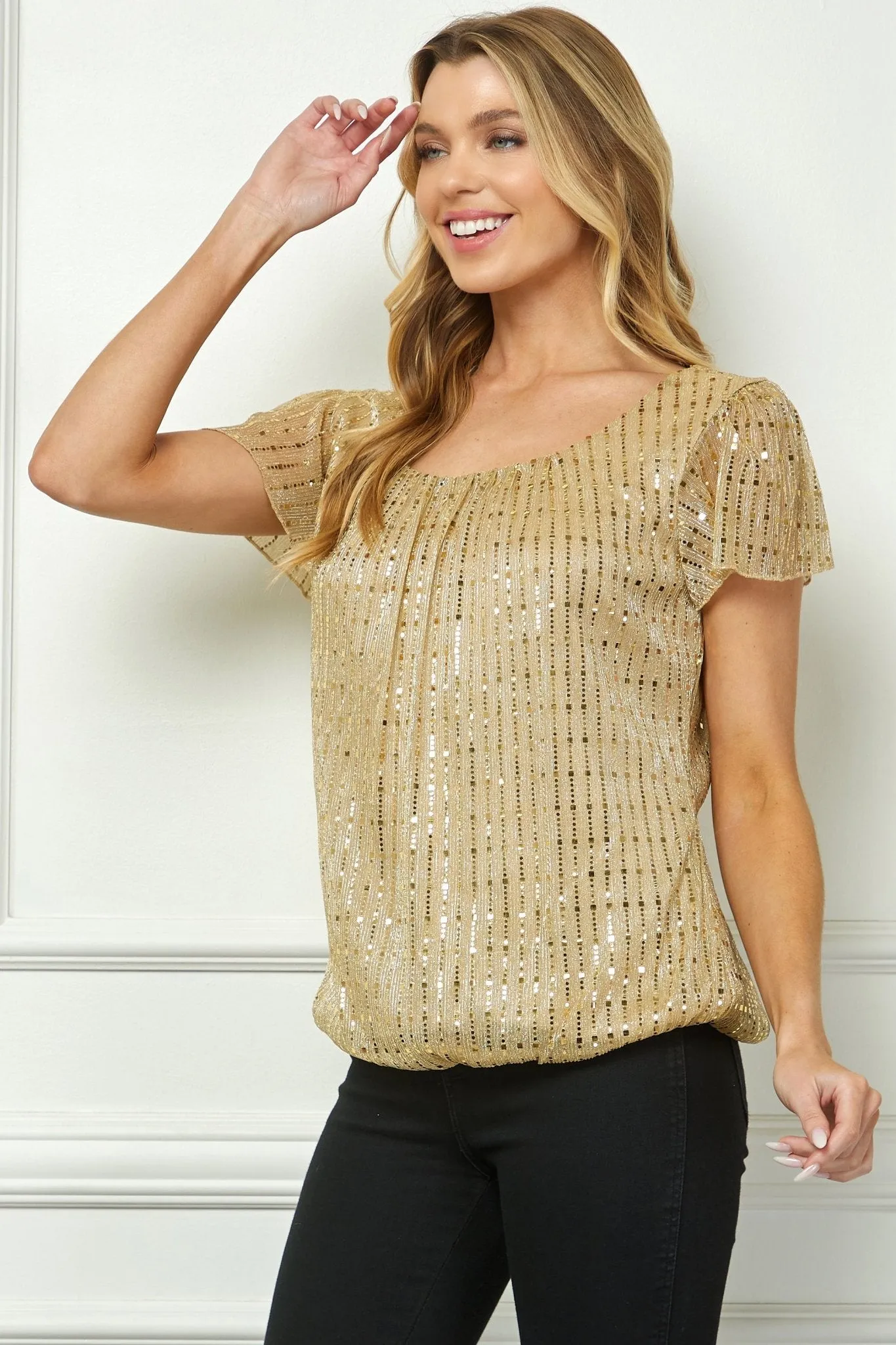 Short Flutter Sleeve Bubble Blouse