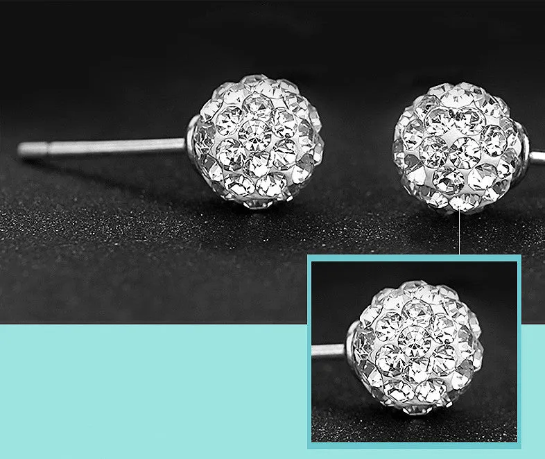 Sparkly White Disco Ball Style Sterling Silver Stud Earrings/Ear Studs for women