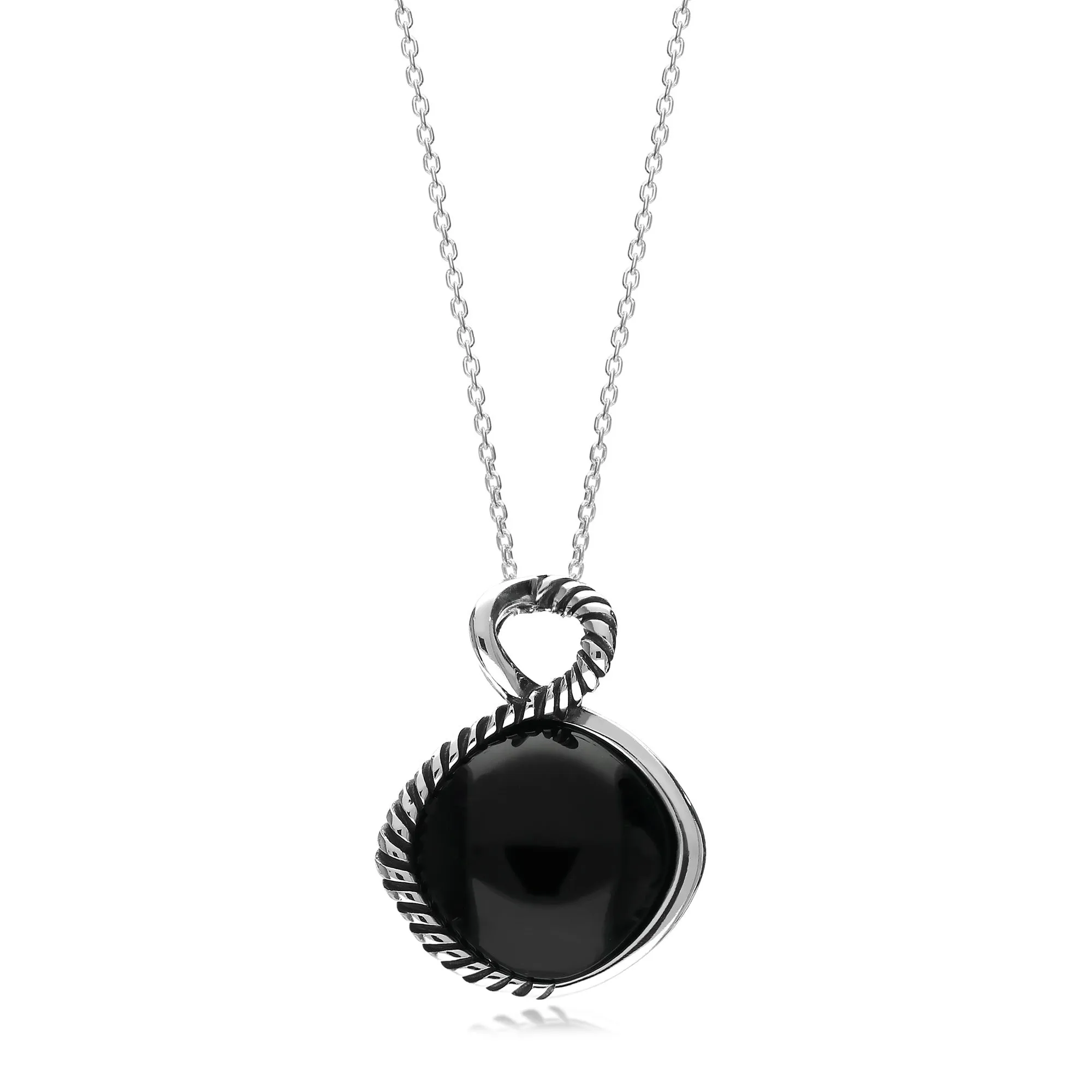 Sterling Silver Whitby Jet Half Rope Edge Round Pendant