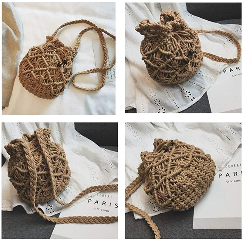 Straw Weave Drawstring Crossbody  Handbag