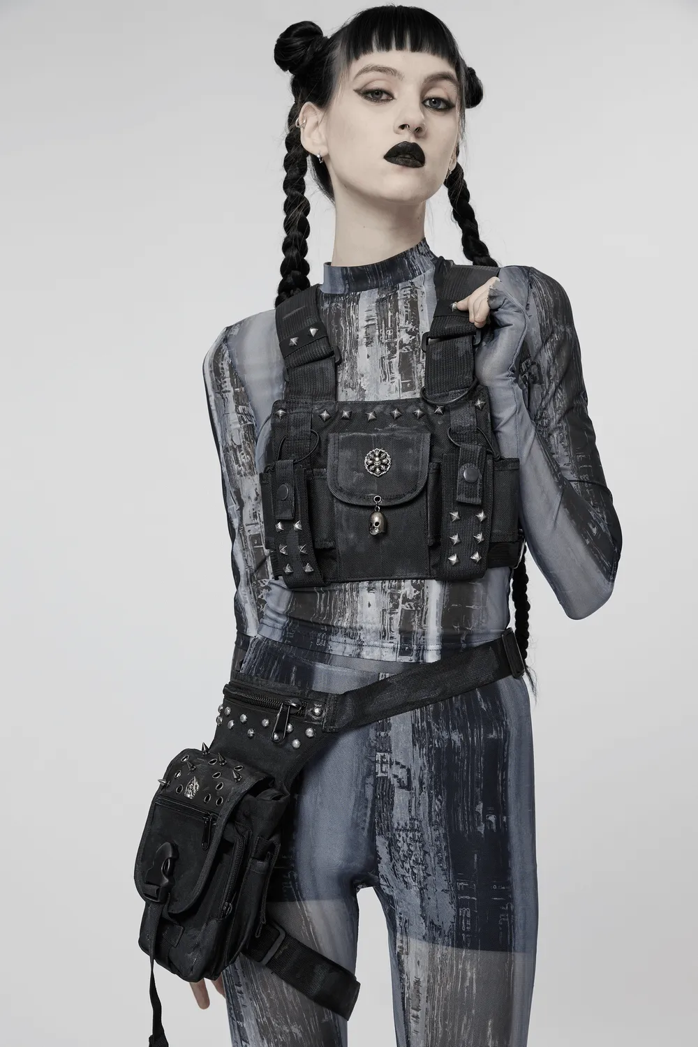 Stylish Female Punk Black Skull Studded Strap Bag