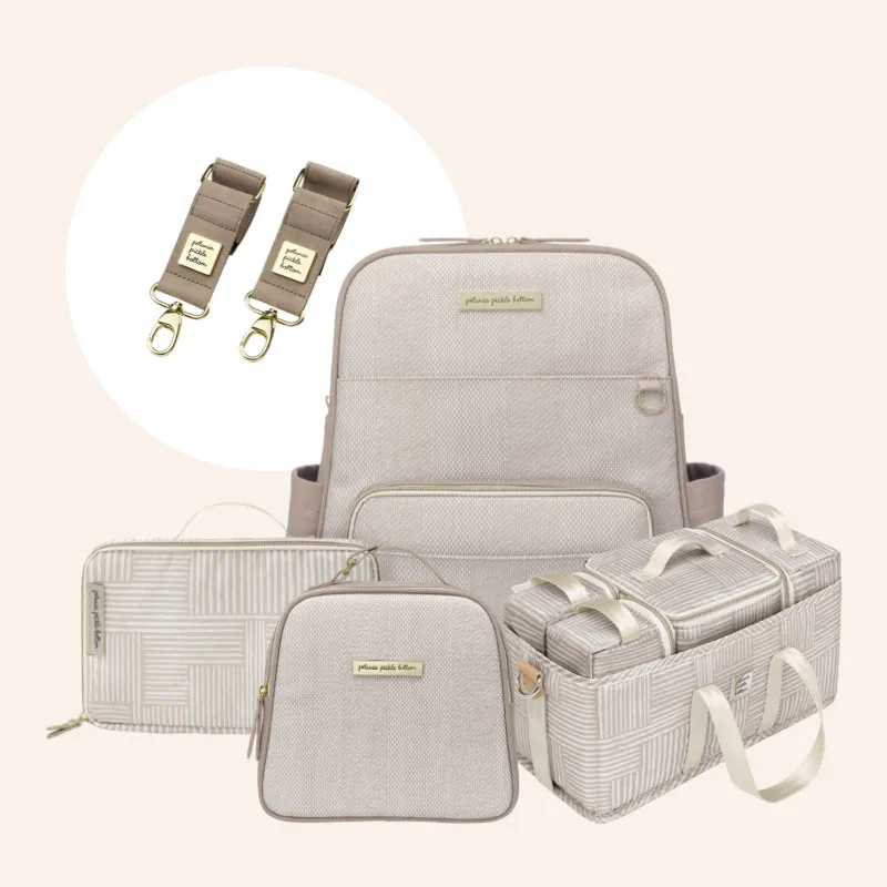 Sync Backpack in Grey Matte Cable Stitch, Deluxe Kit, Tandem Tote & Stroller Clips Bundle