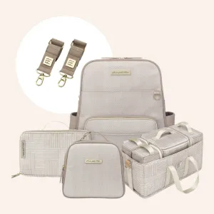Sync Backpack in Grey Matte Cable Stitch, Deluxe Kit, Tandem Tote & Stroller Clips Bundle
