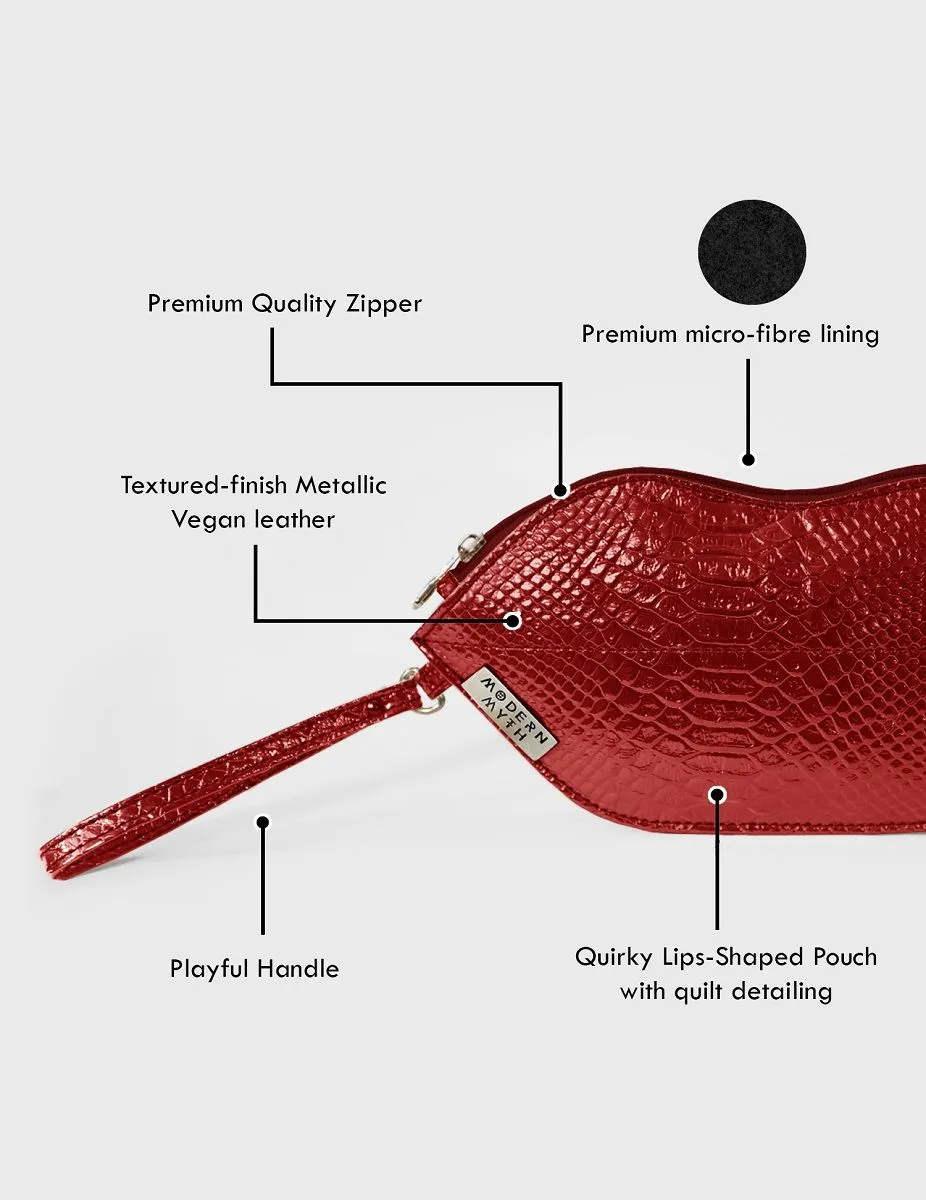Textured Red Lips Shaped Metallic Makeup Pouch | Modern Myth