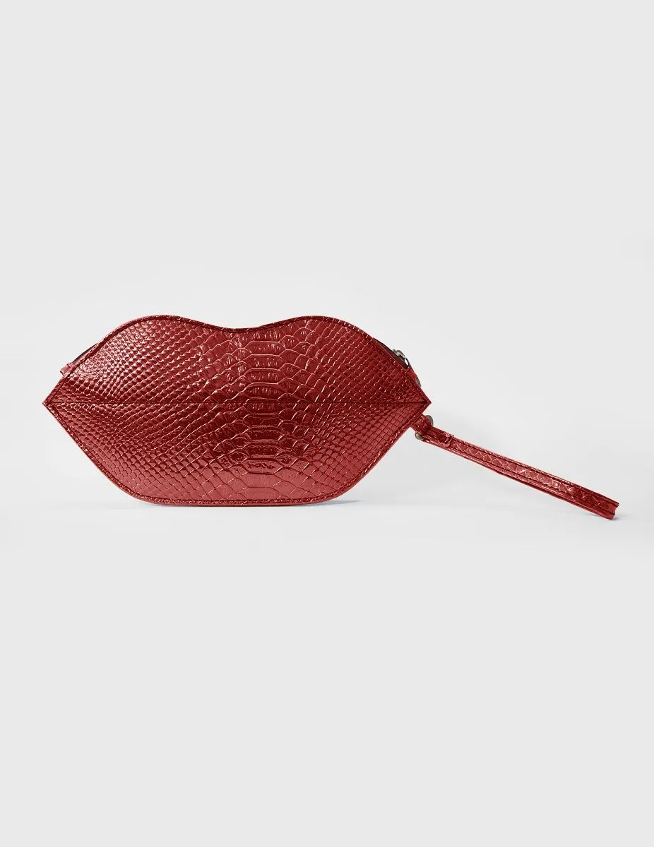 Textured Red Lips Shaped Metallic Makeup Pouch | Modern Myth